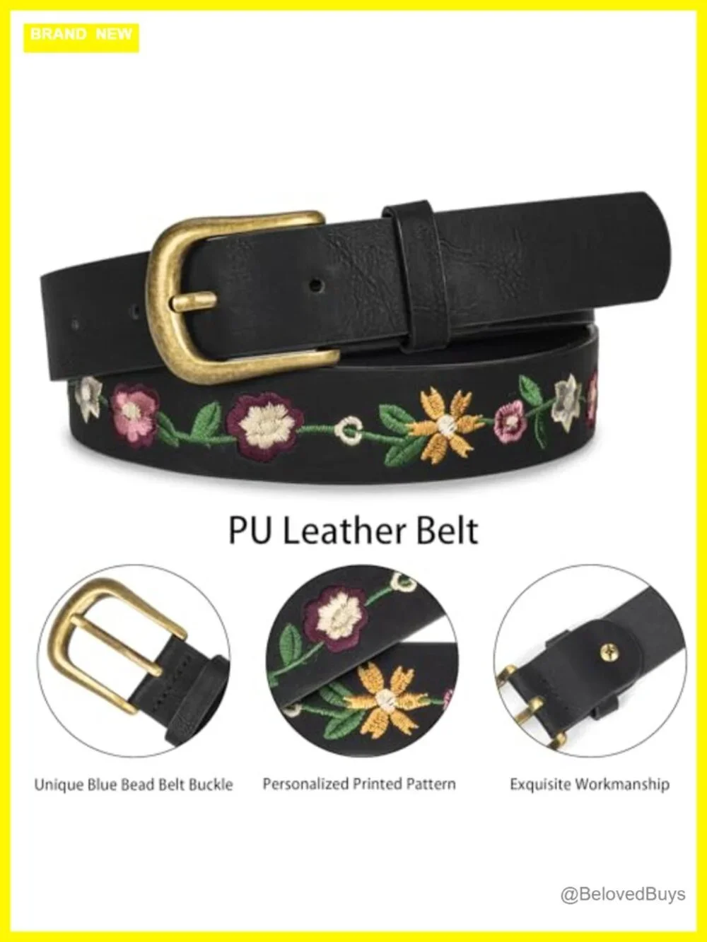 Vintage Floral Embroidered PU Leather Belt Antique Gold Buckle Women